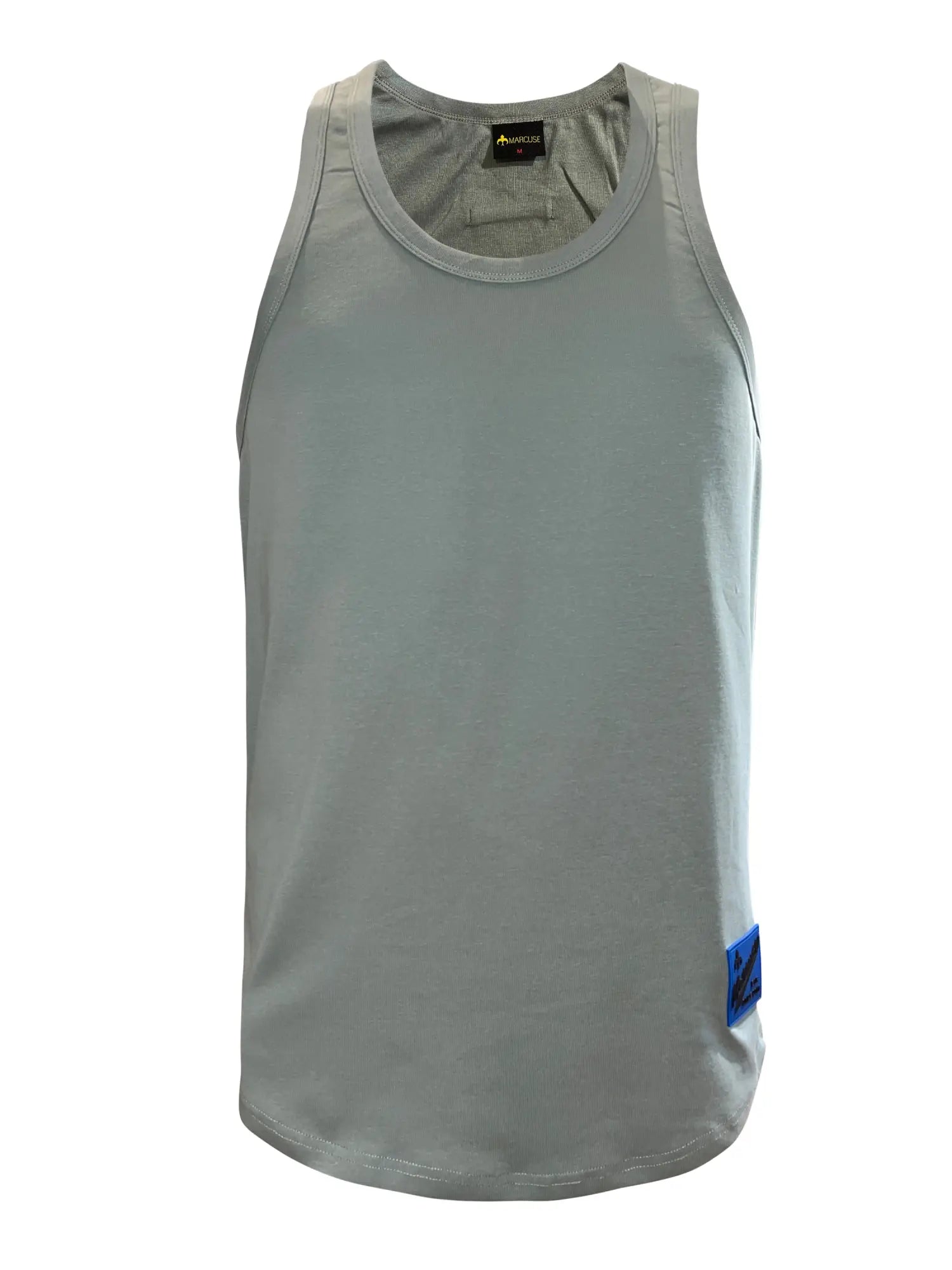 Marcuse monsieur tank top in gray sleeveless design with subtle texture and small blue patch on lower right side