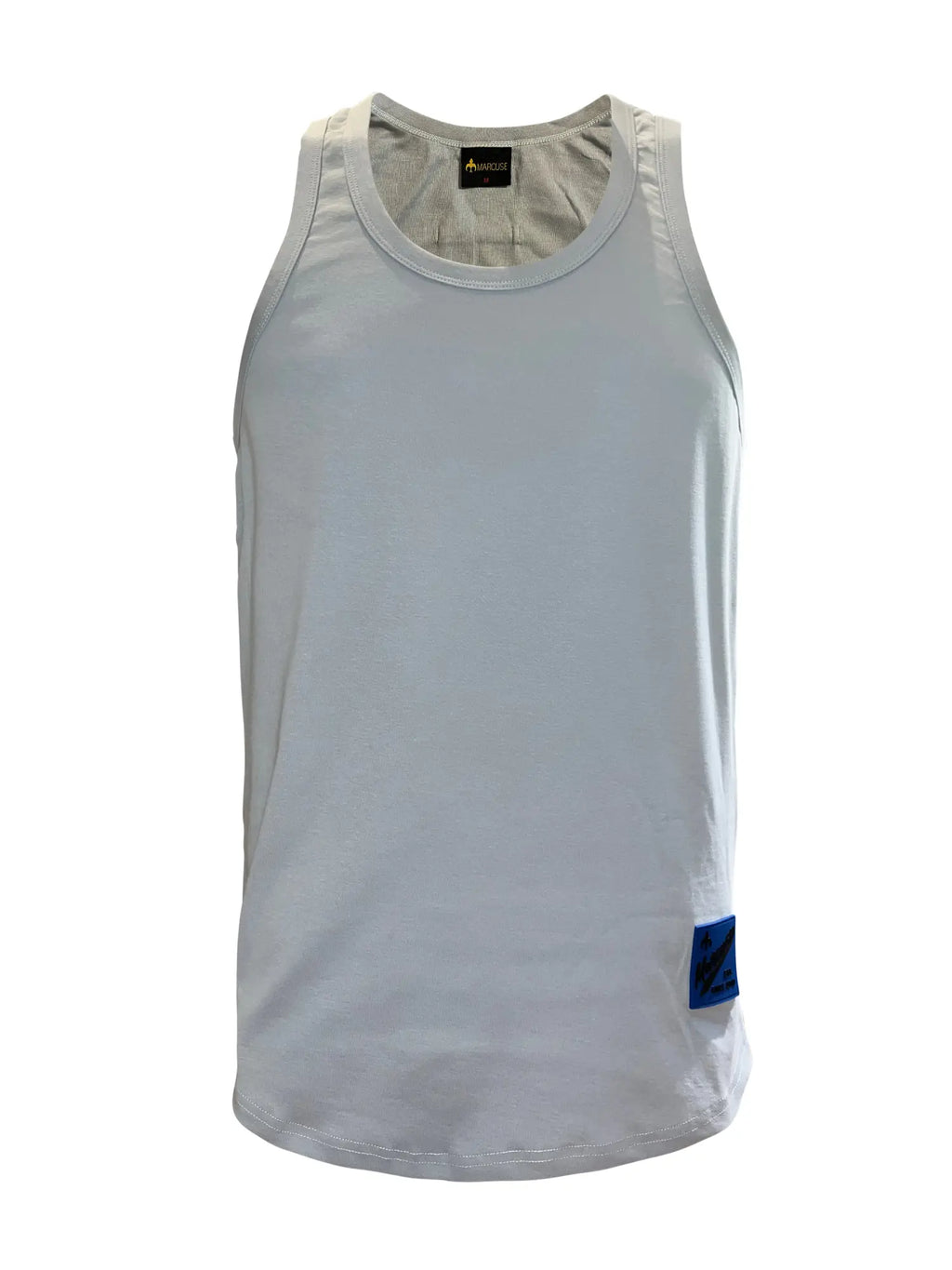 Marcuse monsieur tank top is a minimalist white sleeveless tank with subtle textured fabric and a black brand tag at neckline