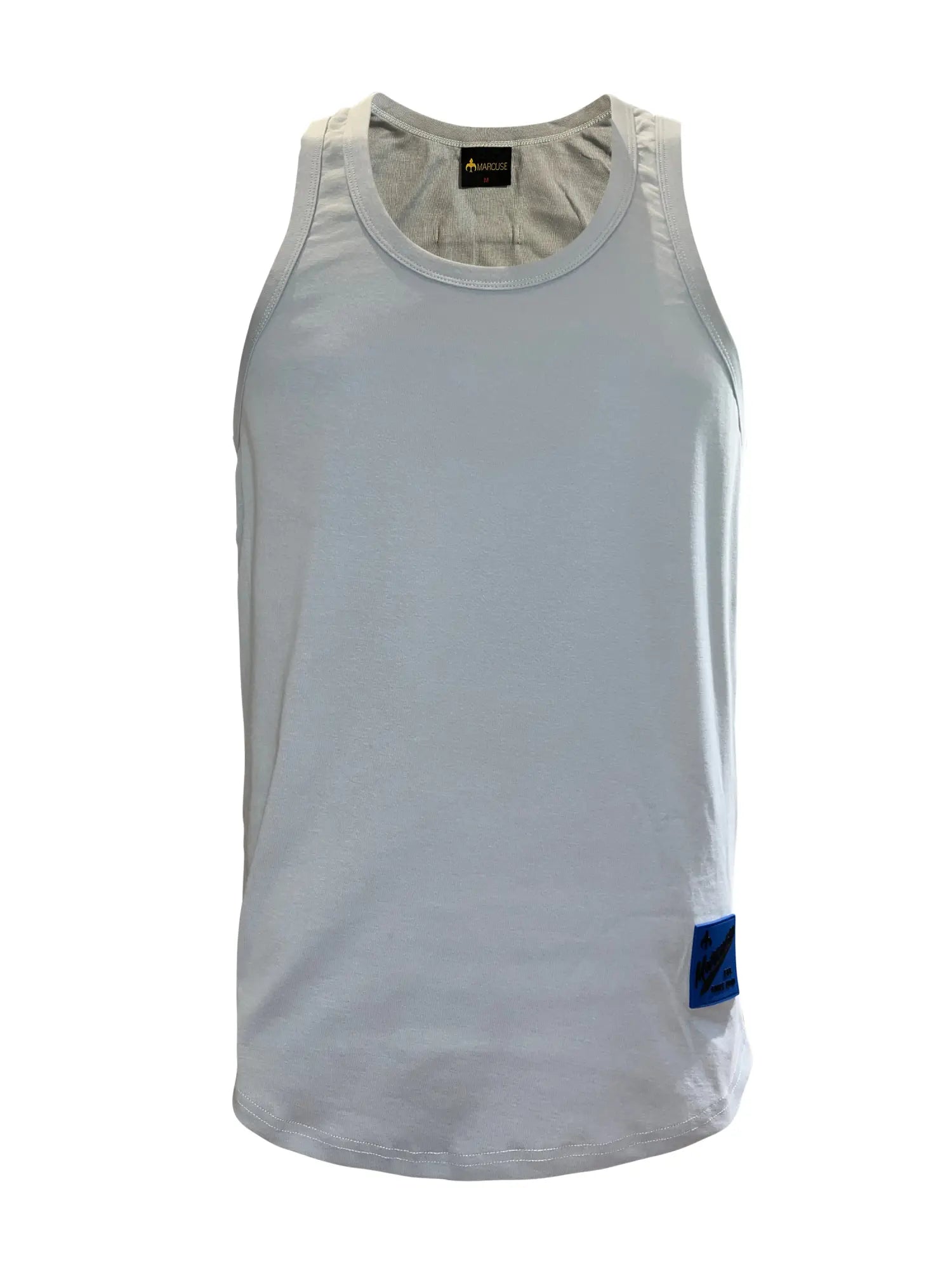 Marcuse monsieur tank top is a minimalist white sleeveless tank with subtle textured fabric and a black brand tag at neckline