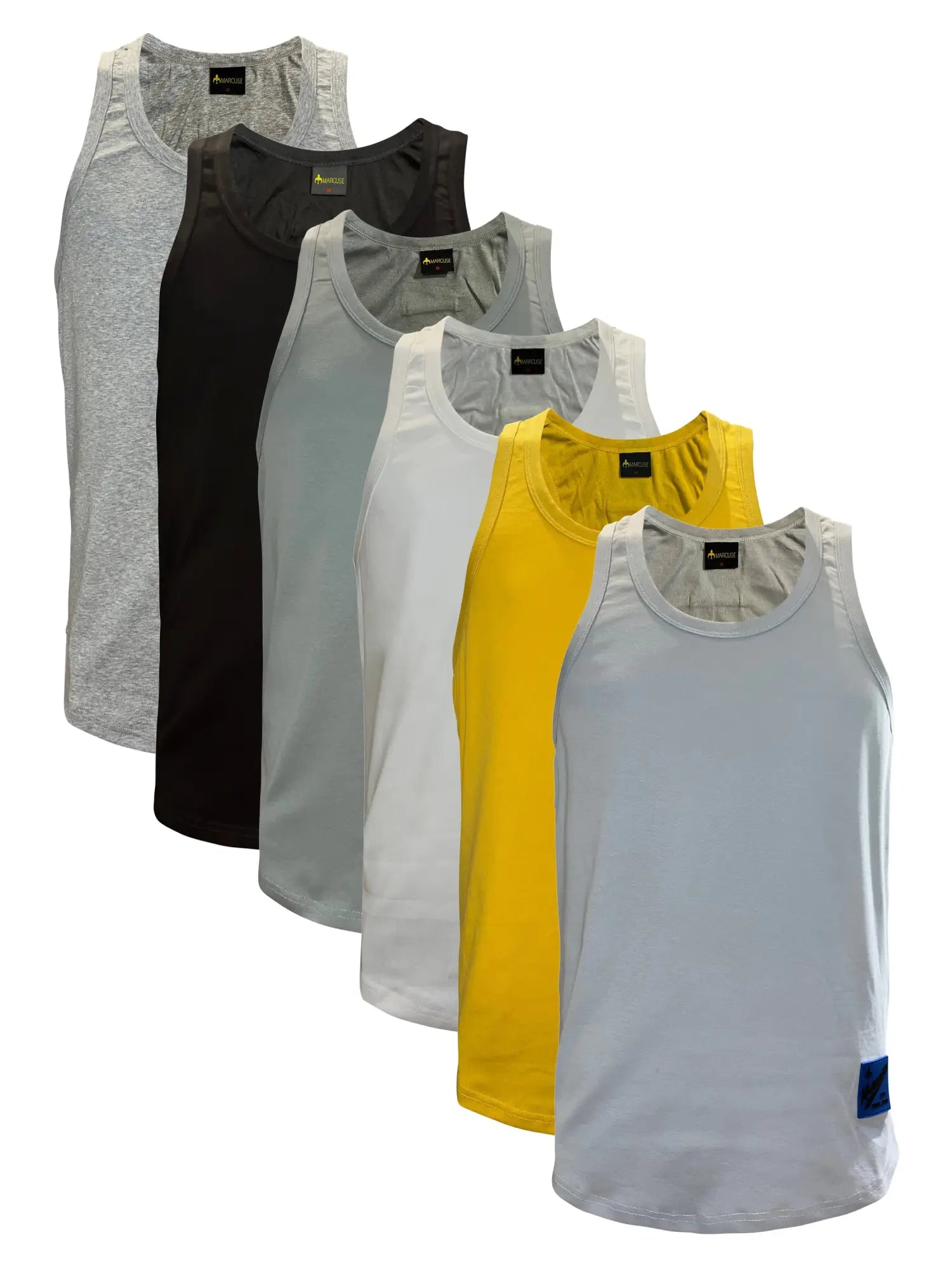 Six-pack of marcuse monsieur men’s plain cotton tank tops in heather gray black light gray white yellow and pale blue