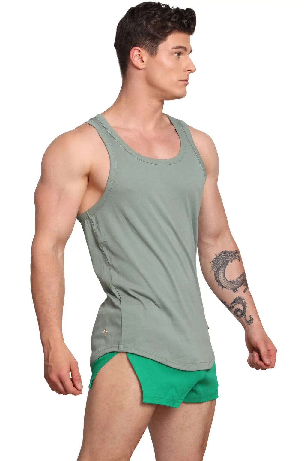 A sleek olive-green marcuse monsieur sleeveless tank top with rounded neckline and subtle side seam detailing
