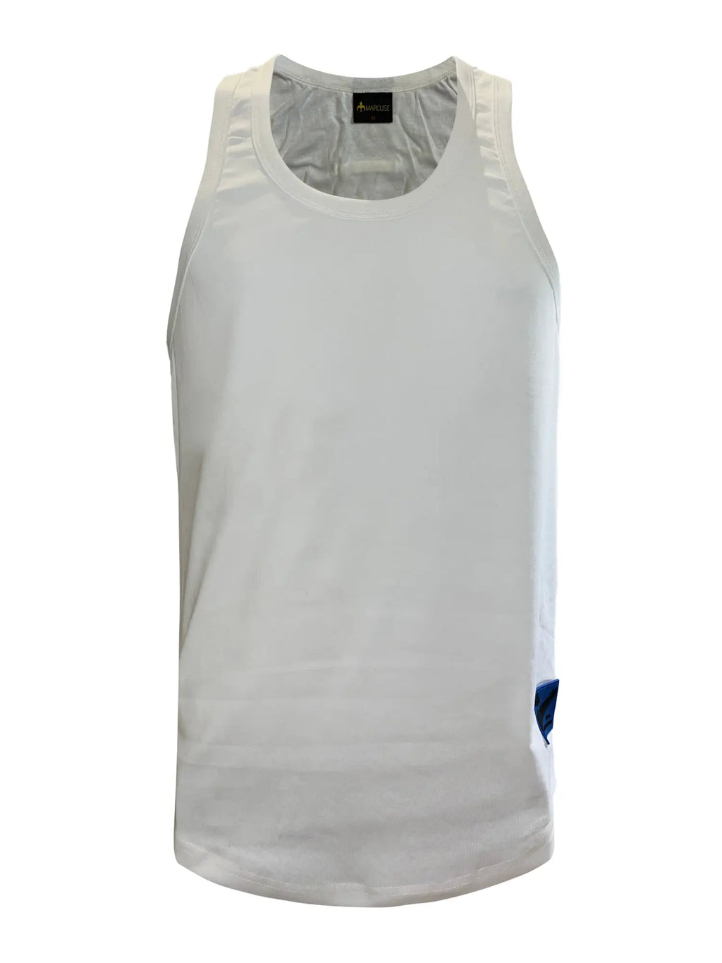 Marcuse Monsieur tank top white sleeveless with subtle sheen and small blue patch on lower right side
