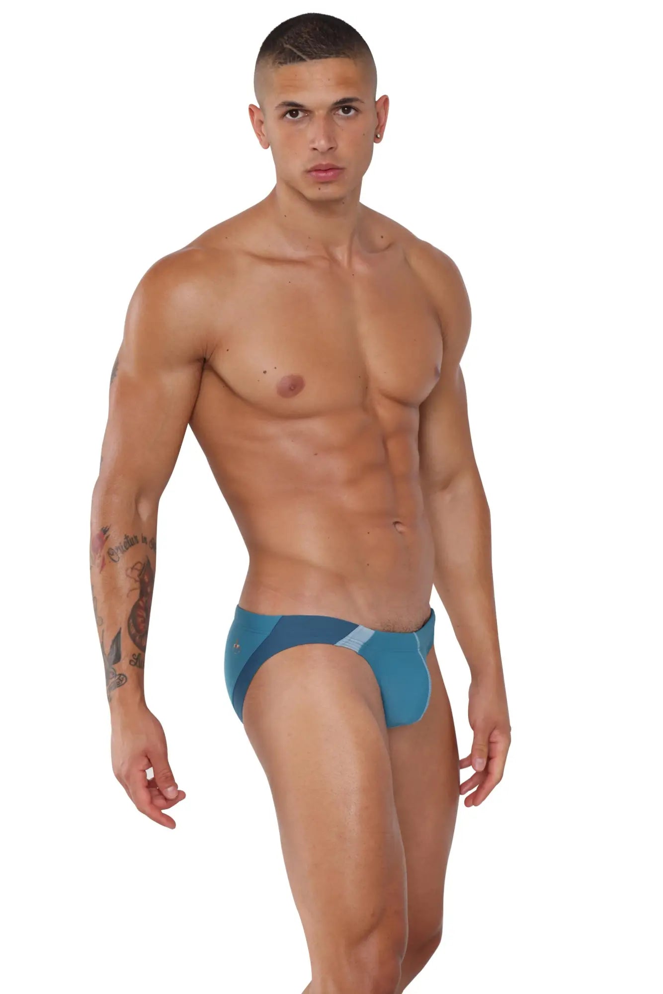 Marcuse montano bikini swimwear blue and gray patterned swim trunks suitable for beach and pool use