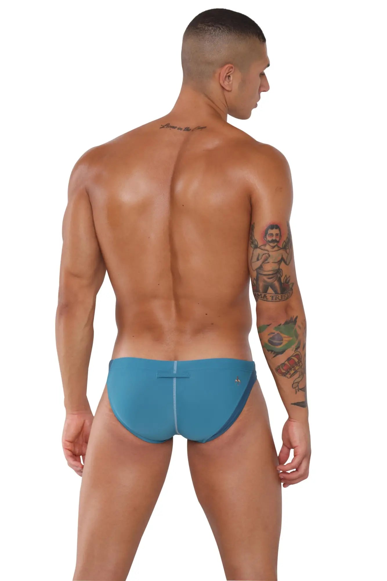 Blue Marcuse Montano bikini swimwear with subtle white seam detail on swim trunks for stylish beachwear