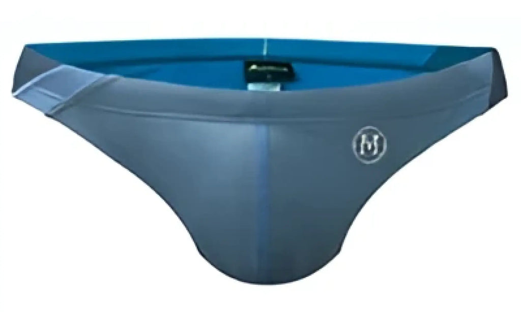 Marcuse Montano bikini swimwear gray men’s briefs with blue inner lining and small logo on front