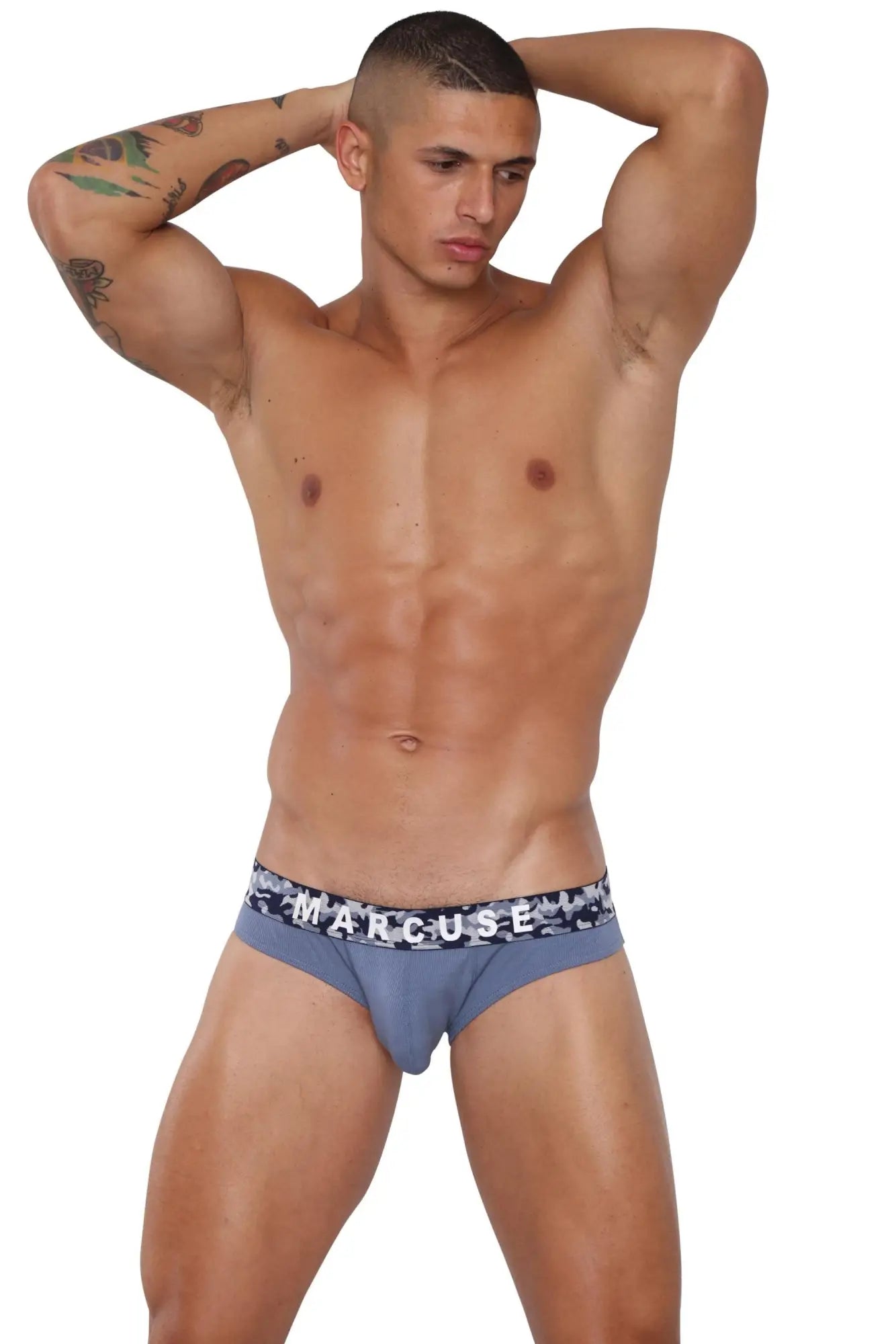 Blue marcuse mosaico brief underwear with camouflage waistband and white marcuse logo lettering
