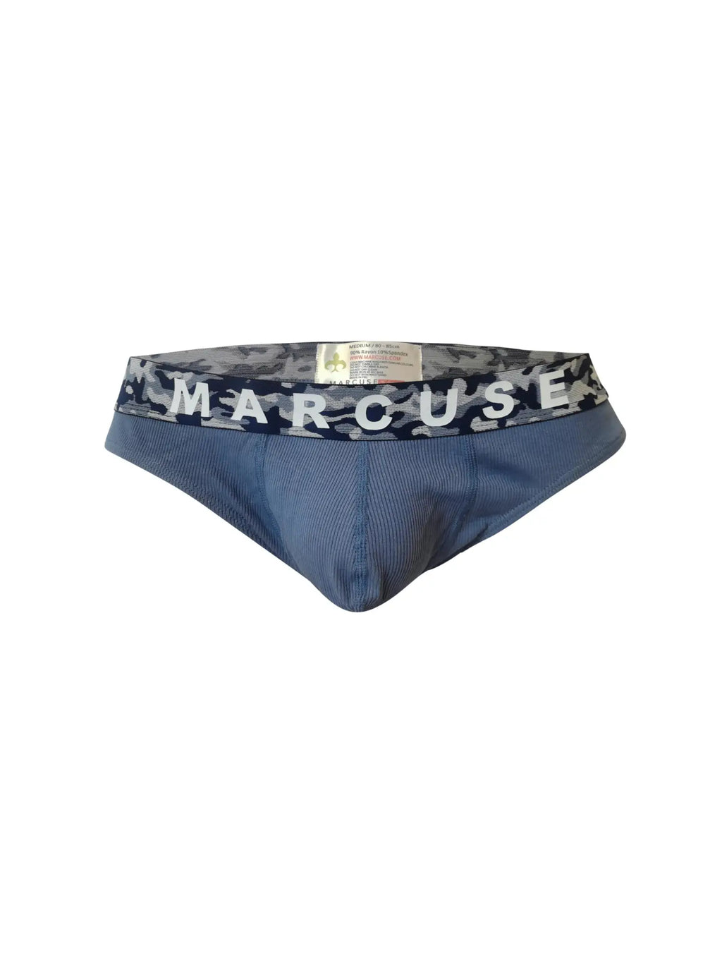 Marcuse Mosaico brief underwear in blue corduroy with a camouflage waistband and marcuse branding in white letters