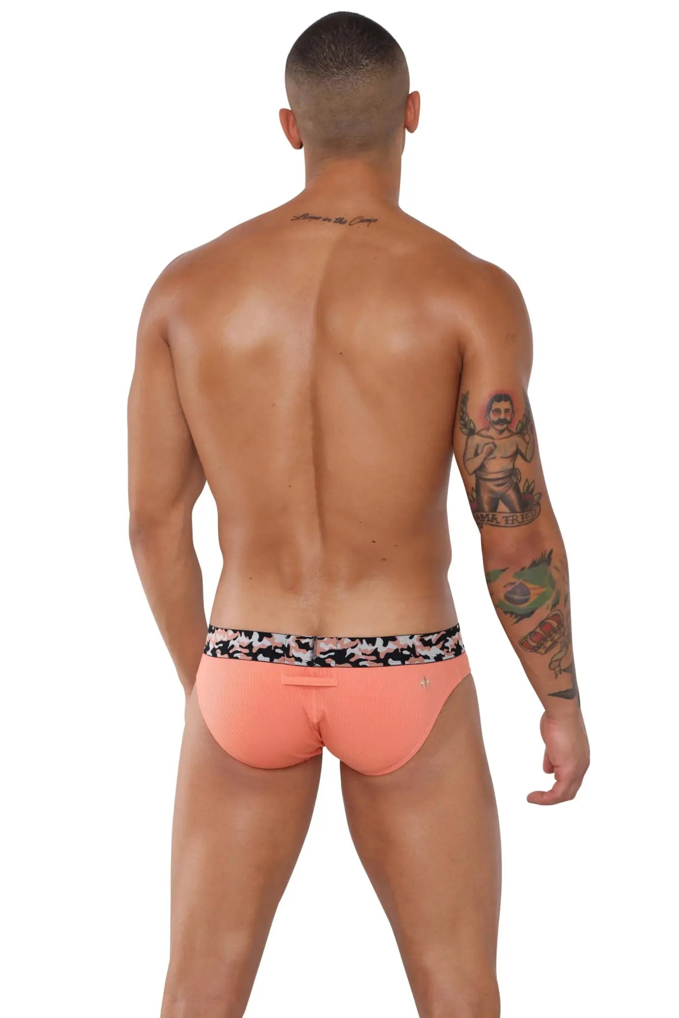 Coral-colored Marcuse Mosaico brief underwear with black and white camouflage waistband for comfortable wear