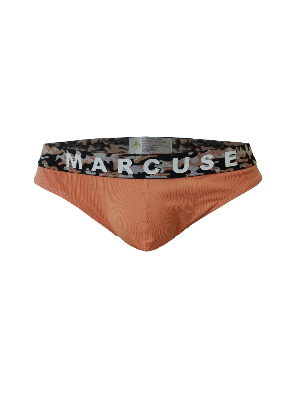 Orange textured marcuse mosaico brief underwear with camouflage waistband and white marcuse logo