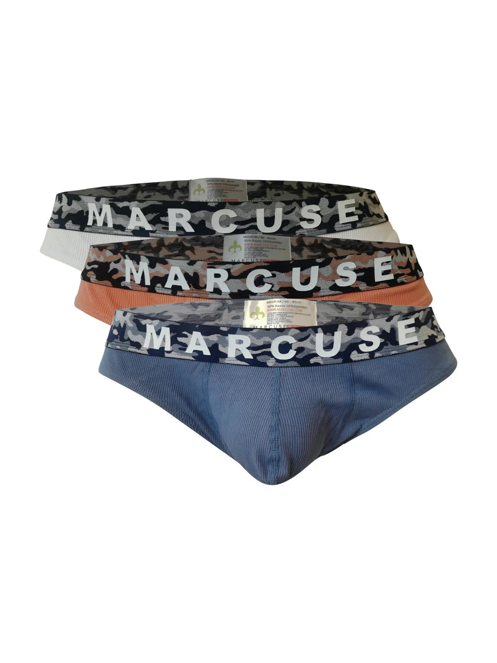 Set of three marcuse mosaico brief underwear in assorted colors with camouflage waistband featuring marcuse logo