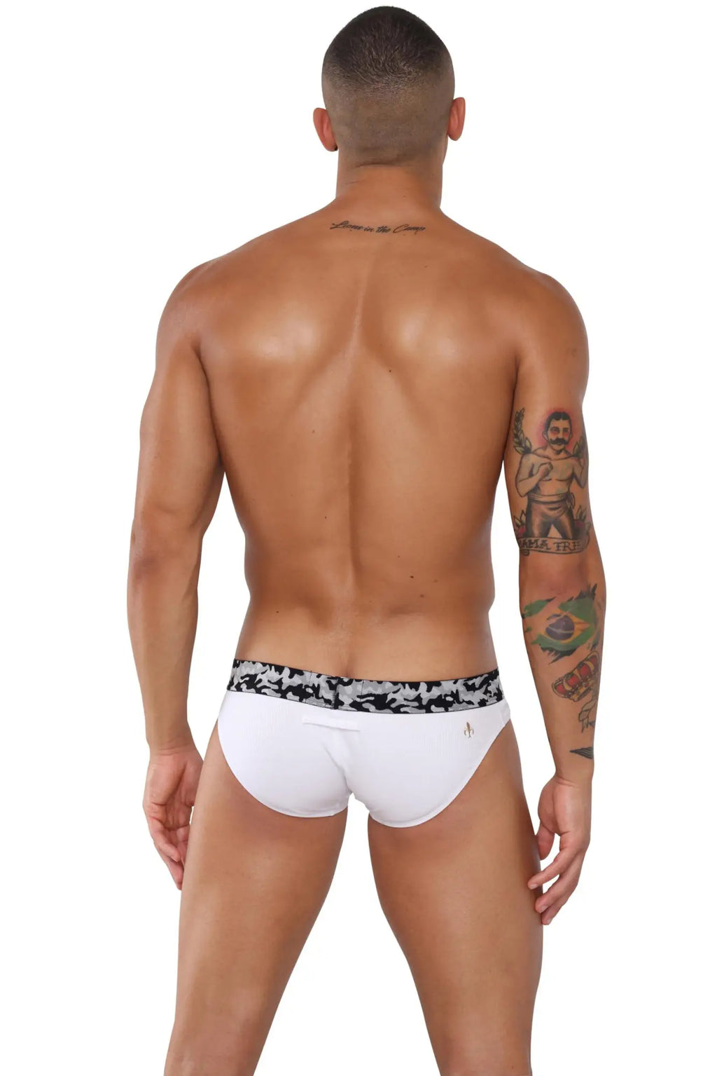 White Marcuse Mosaico brief underwear with a black and white camouflage patterned waistband for everyday wear