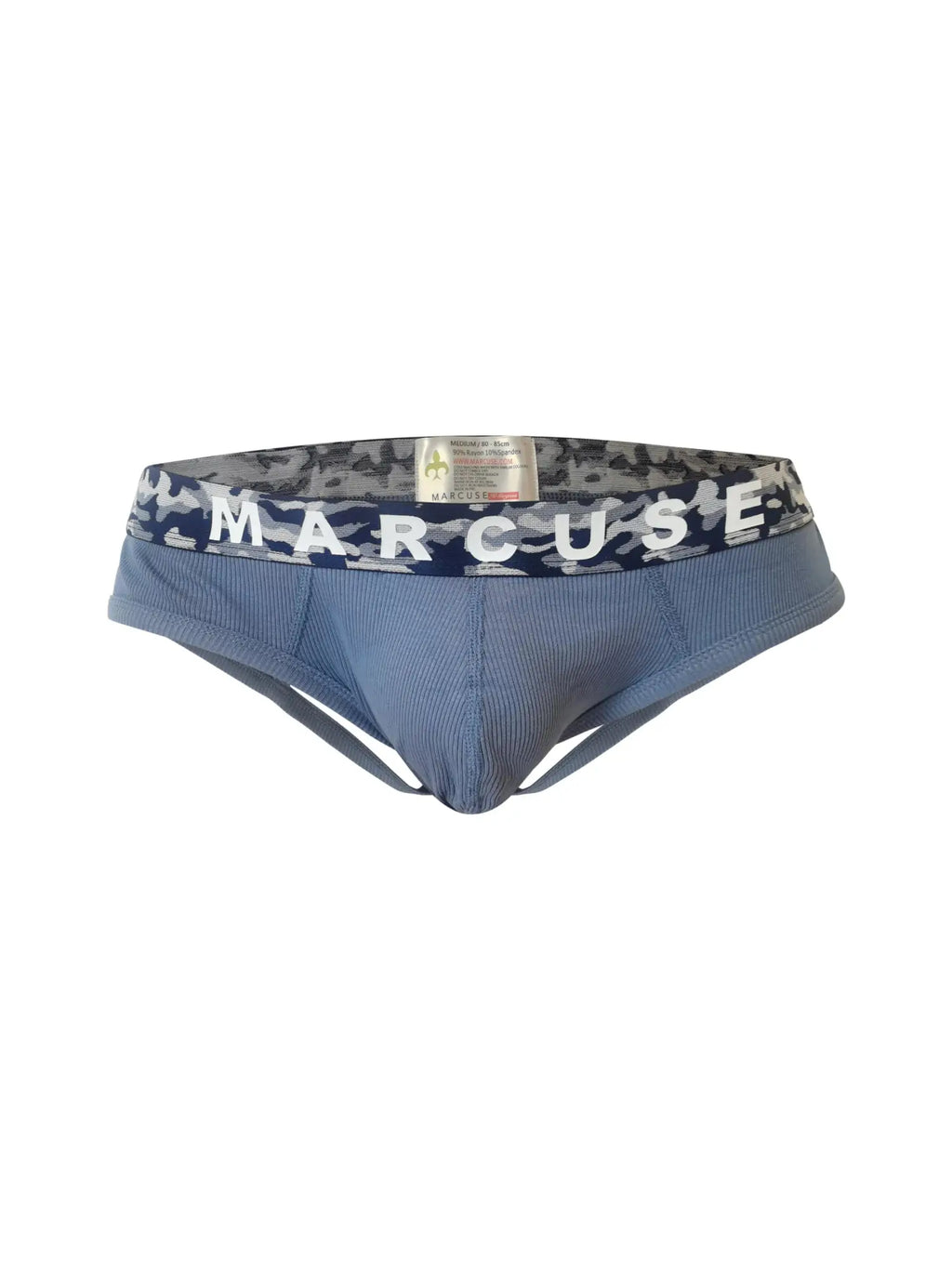 Blue marcuse briefs with a camouflage waistband featuring the brand name in white in marcuse mosaico jock underwear