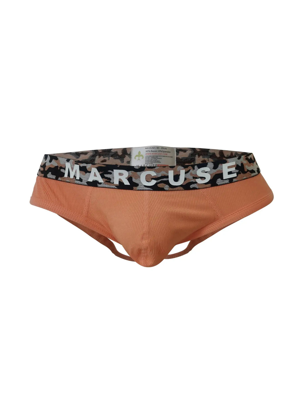 Orange marcuse briefs with camouflage waistband and white lettering from marcuse mosaico jock underwear collection
