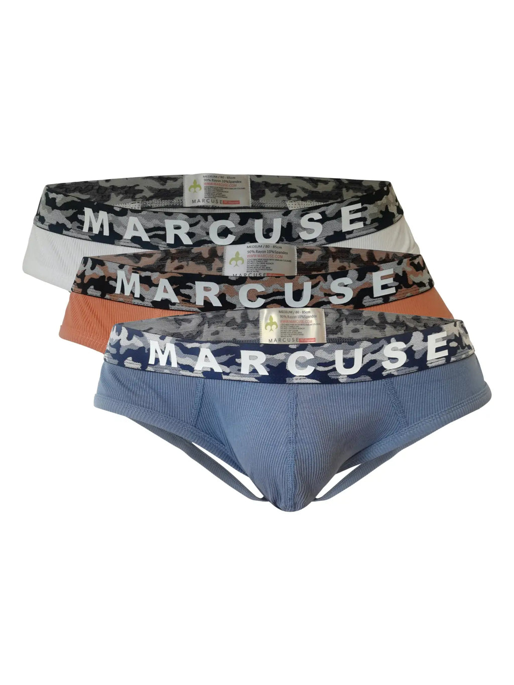 Set of three Marcuse Mosaico jock briefs in blue orange and white with camouflage waistband logo for everyday comfort