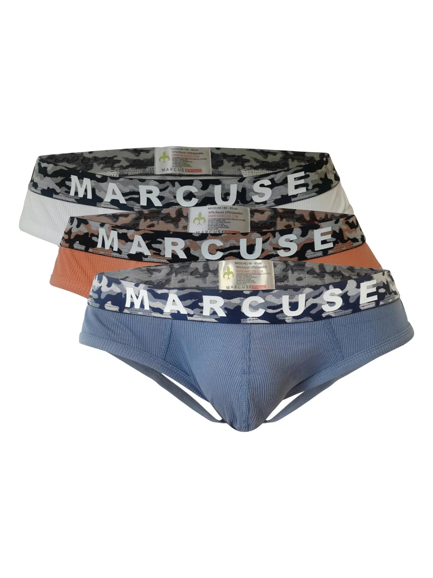 Set of three Marcuse Mosaico jock briefs in blue orange and white with camouflage waistband logo for everyday comfort