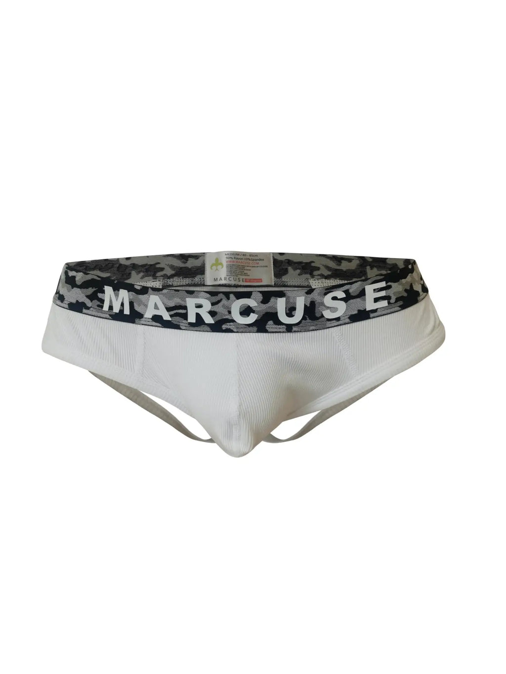 White Marcuse Mosaico jock briefs with a black and gray camouflage waistband featuring bold white lettering