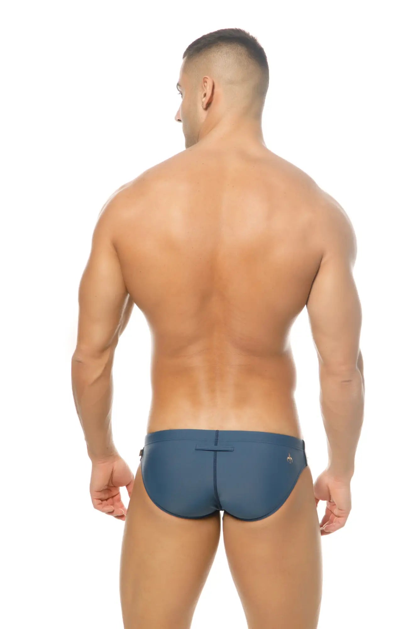 Blue marcuse mpire bikini swimwear trunks with a subtle back closure and small logo on the side