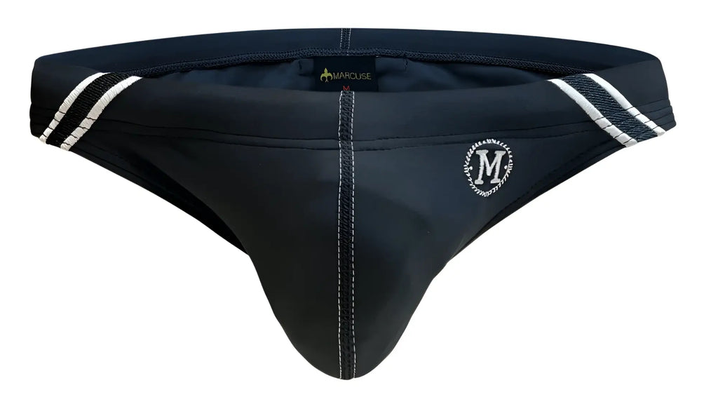 Black marcuse thong swimwear with white striped side panels and central embroidered m logo for bikini use
