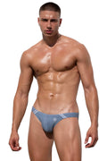 Marcuse natura bikini swimwear blue athletic briefs with white diagonal stripes and small front logo for swimming