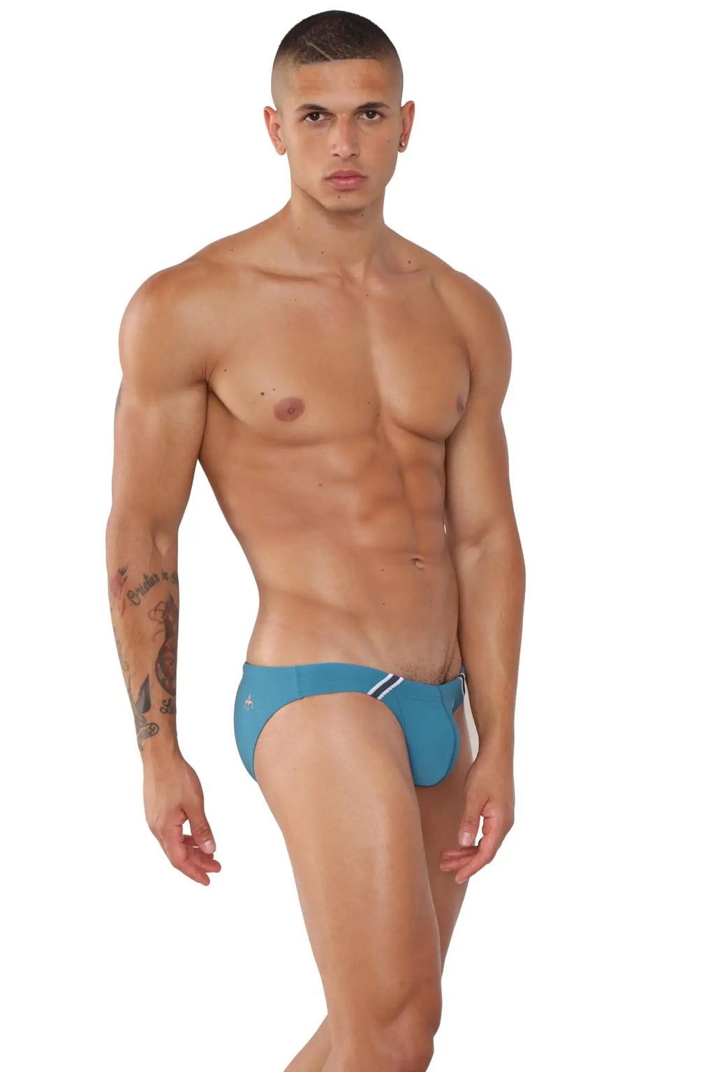 Blue marcuse natura bikini swimwear briefs with white diagonal stripes designed for athletic swim use