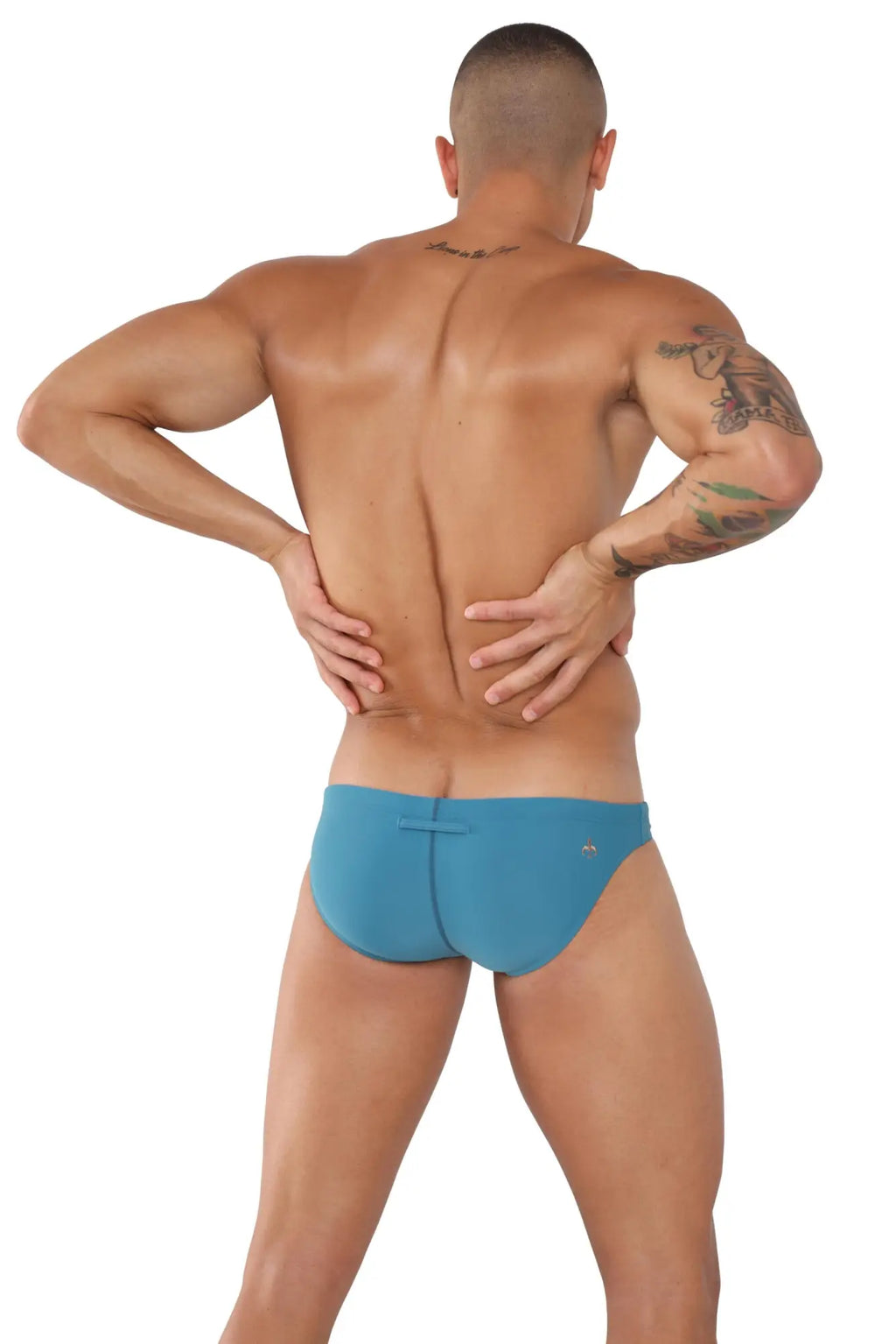 Marcuse Natura bikini swimwear blue swim trunks with central seam and small logo on the lower right side