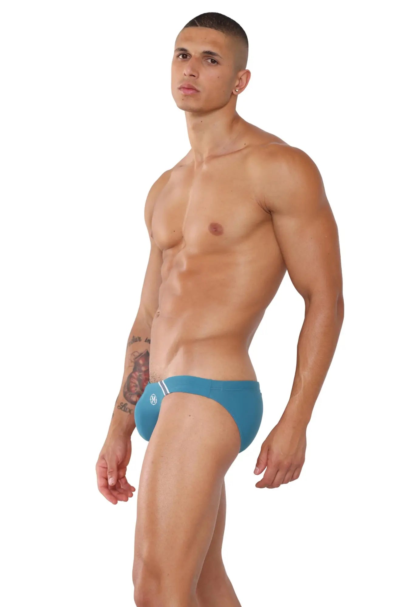 Blue Marcuse Natura bikini swimwear swim trunks with white logo on the front suitable for beach and pool use