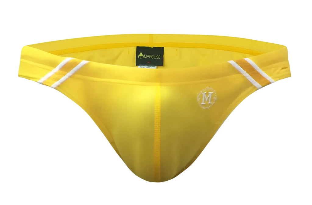 Bright yellow marcuse natura bikini swimwear briefs with white and gold striped side accents for men