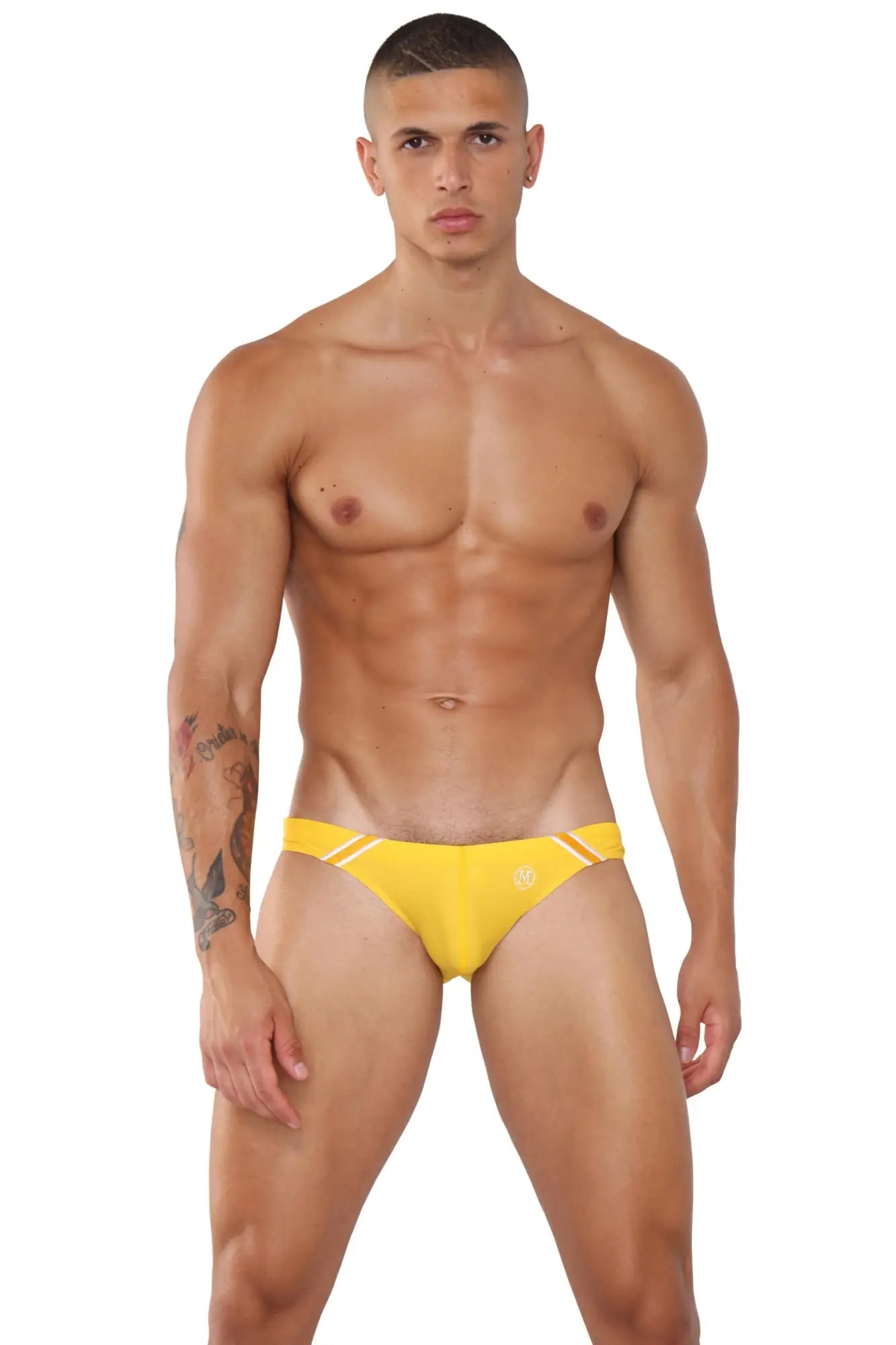 Bright yellow marcuse natura bikini swimwear with white diagonal stripes and small logo on front swim trunks