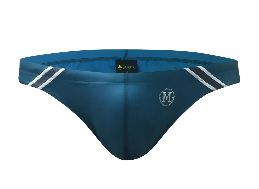 Dark blue Marcuse Natura bikini swimwear briefs with white and black striped side accents and circular m logo front