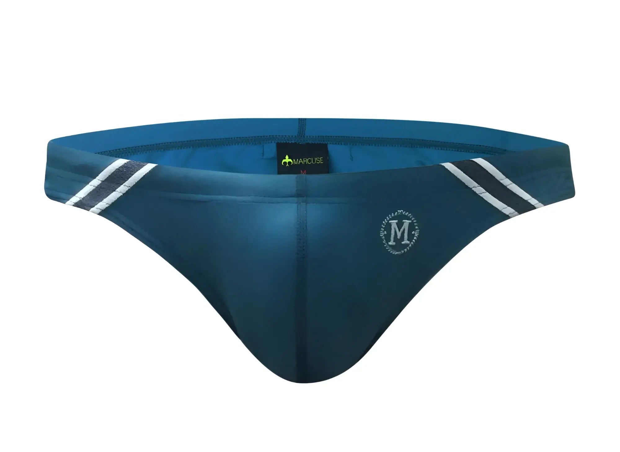 Dark blue Marcuse Natura bikini swimwear briefs with white and black striped side accents and circular m logo front