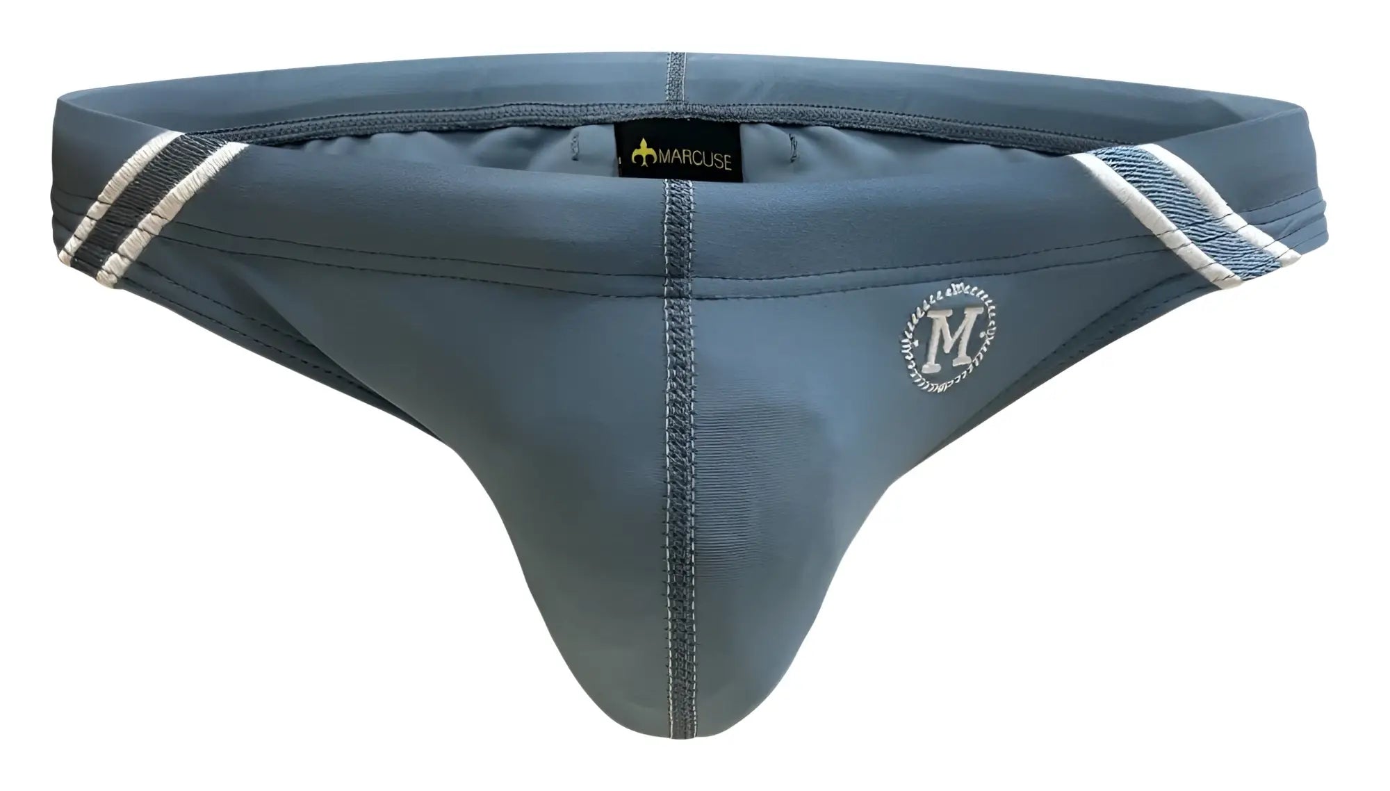 Gray marcuse men’s briefs with white and gray striped side bands and circular m logo front from marcuse natura bikini swimwear
