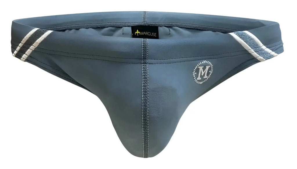 Gray marcuse men’s briefs with white and gray striped side bands and circular m logo front