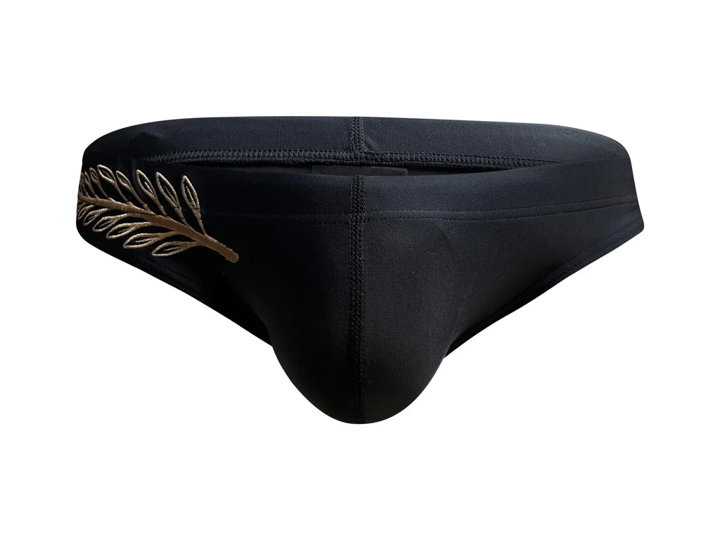 Black marcuse oasis bikini swimwear briefs with gold embroidered leaf design on the side for athletic use