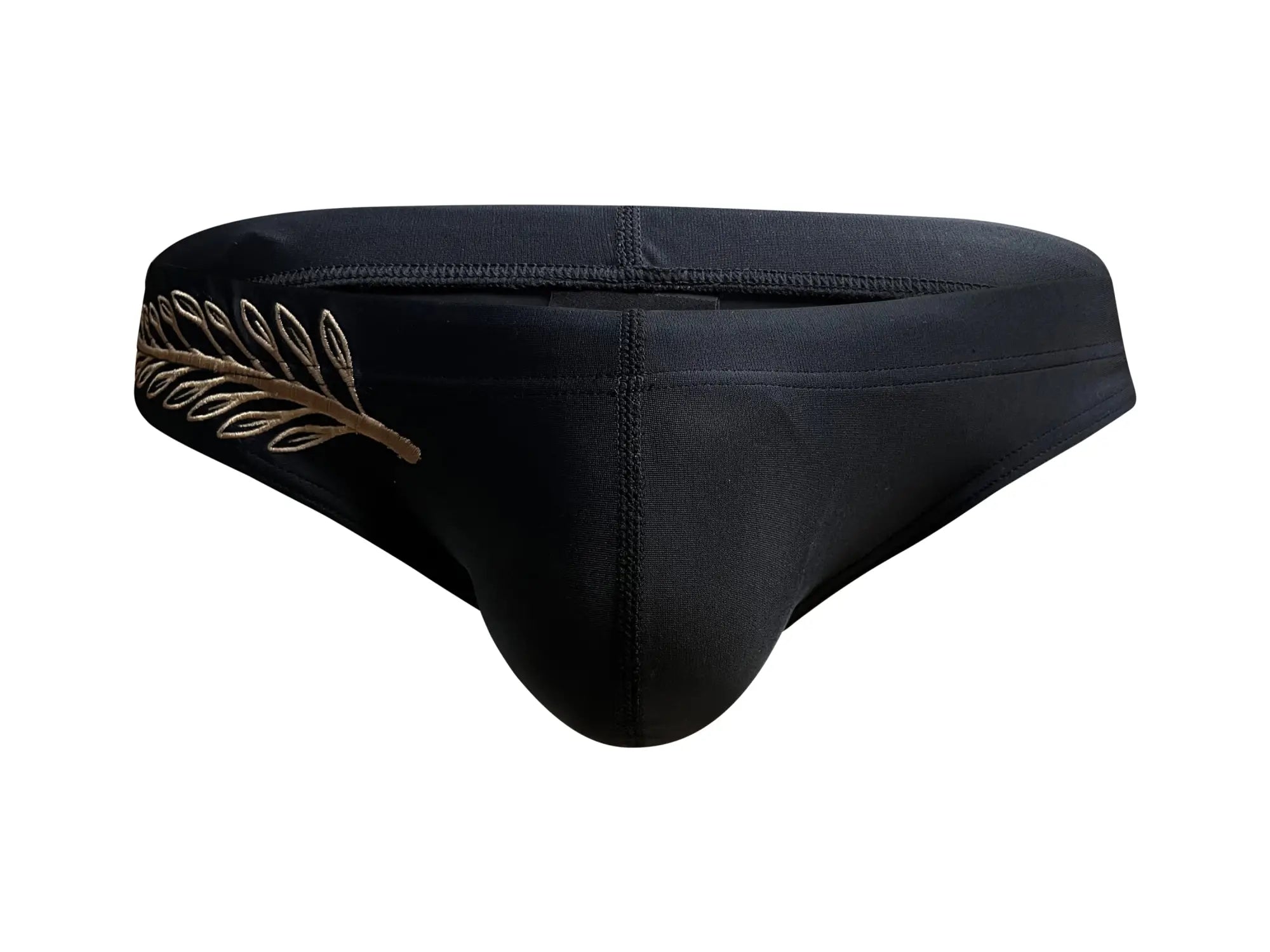 Black marcuse oasis bikini swimwear briefs with gold embroidered leaf design on the side for athletic use