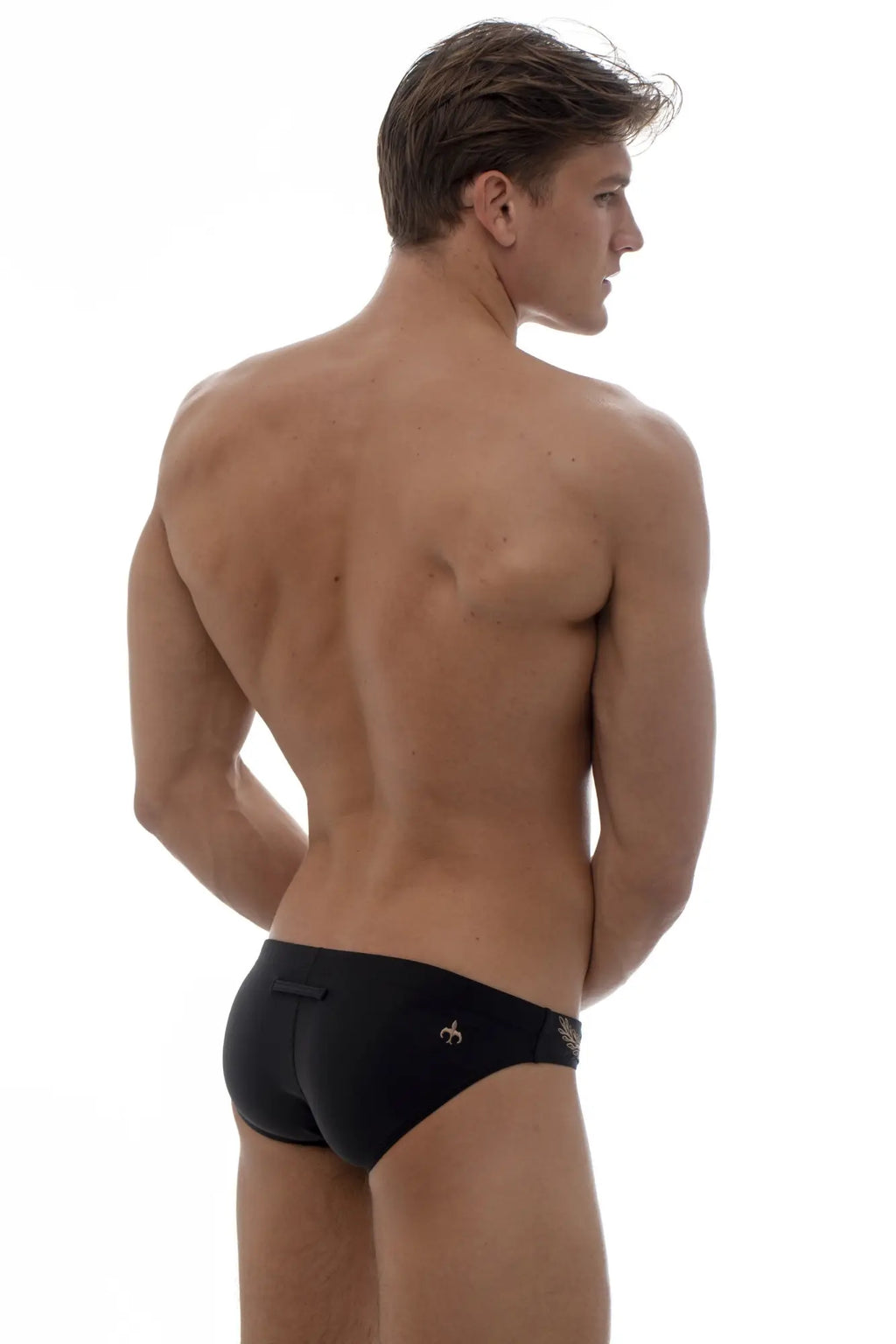 Black marcuse oasis bikini swimwear briefs with a small gold logo on the waistband