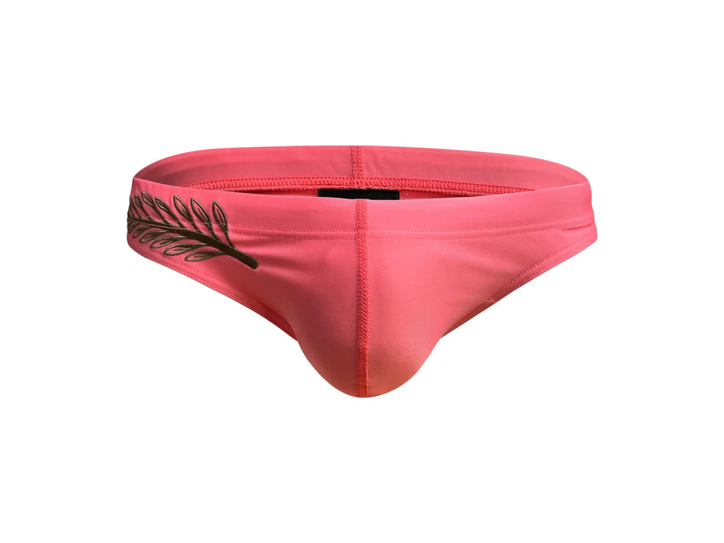 Marcuse oasis bikini swimwear vibrant pink swim trunks with black embroidered leaf design on the side