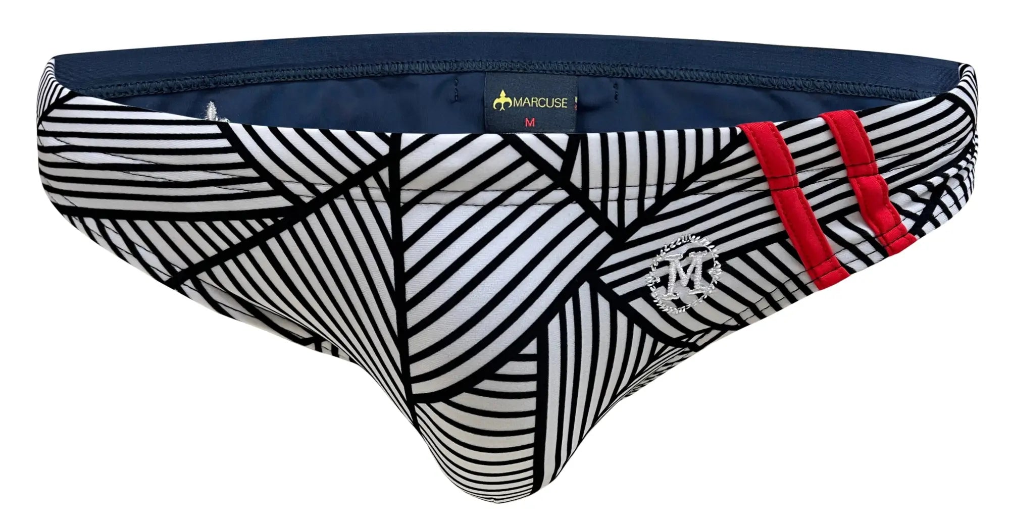 Marcuse Obelisk bikini swimwear black and white geometric swim trunks with red straps and navy blue interior lining