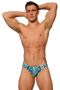 Marcuse Obelisk Bikini swimwear blue and white tropical leaf patterned swim trunks for beach and pool use