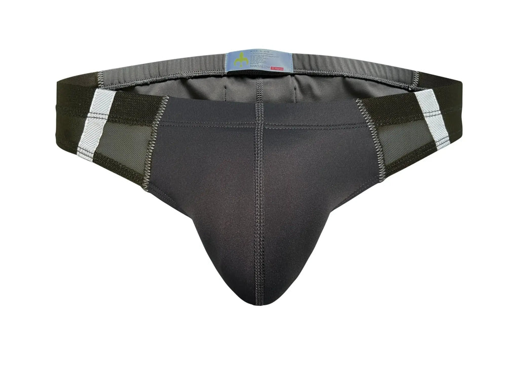 Marcuse Oberon brief underwear in black with mesh panels and white reflective stripes on the sides