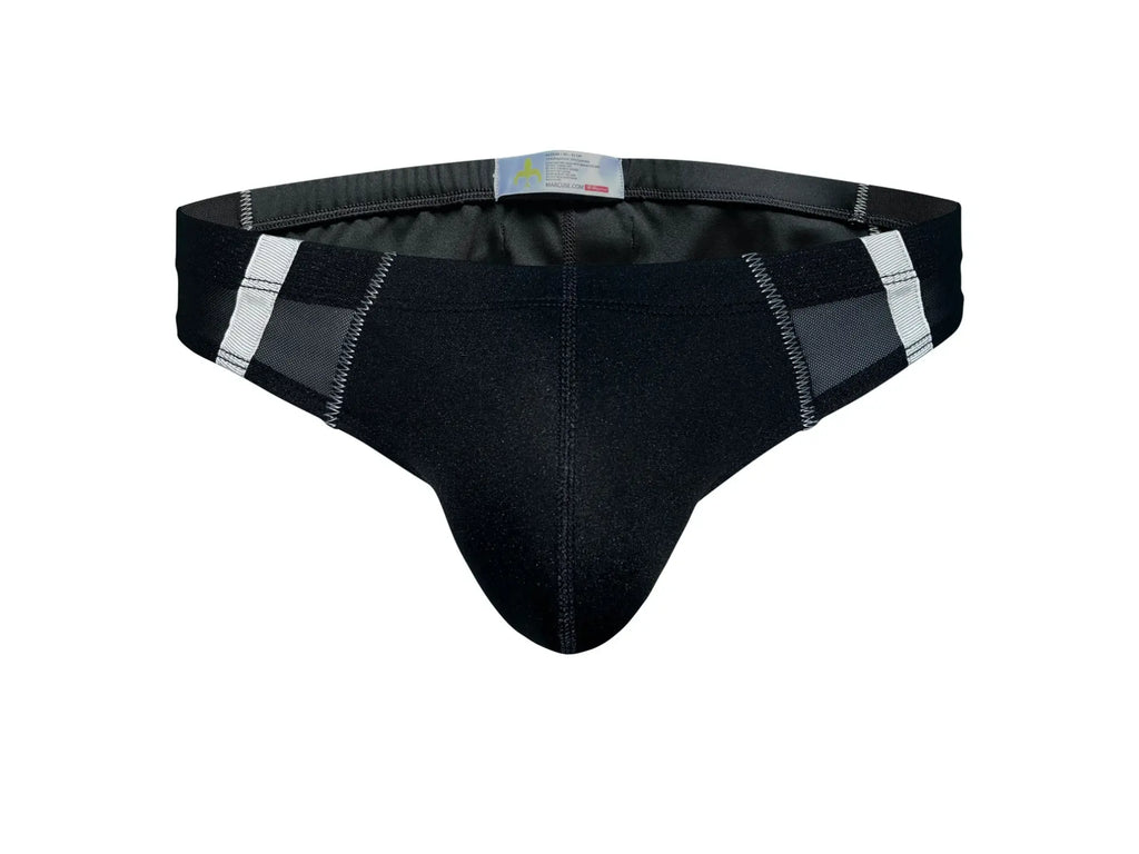 Marcuse Oberon black athletic briefs with white and gray reflective stripes on the sides for active wear
