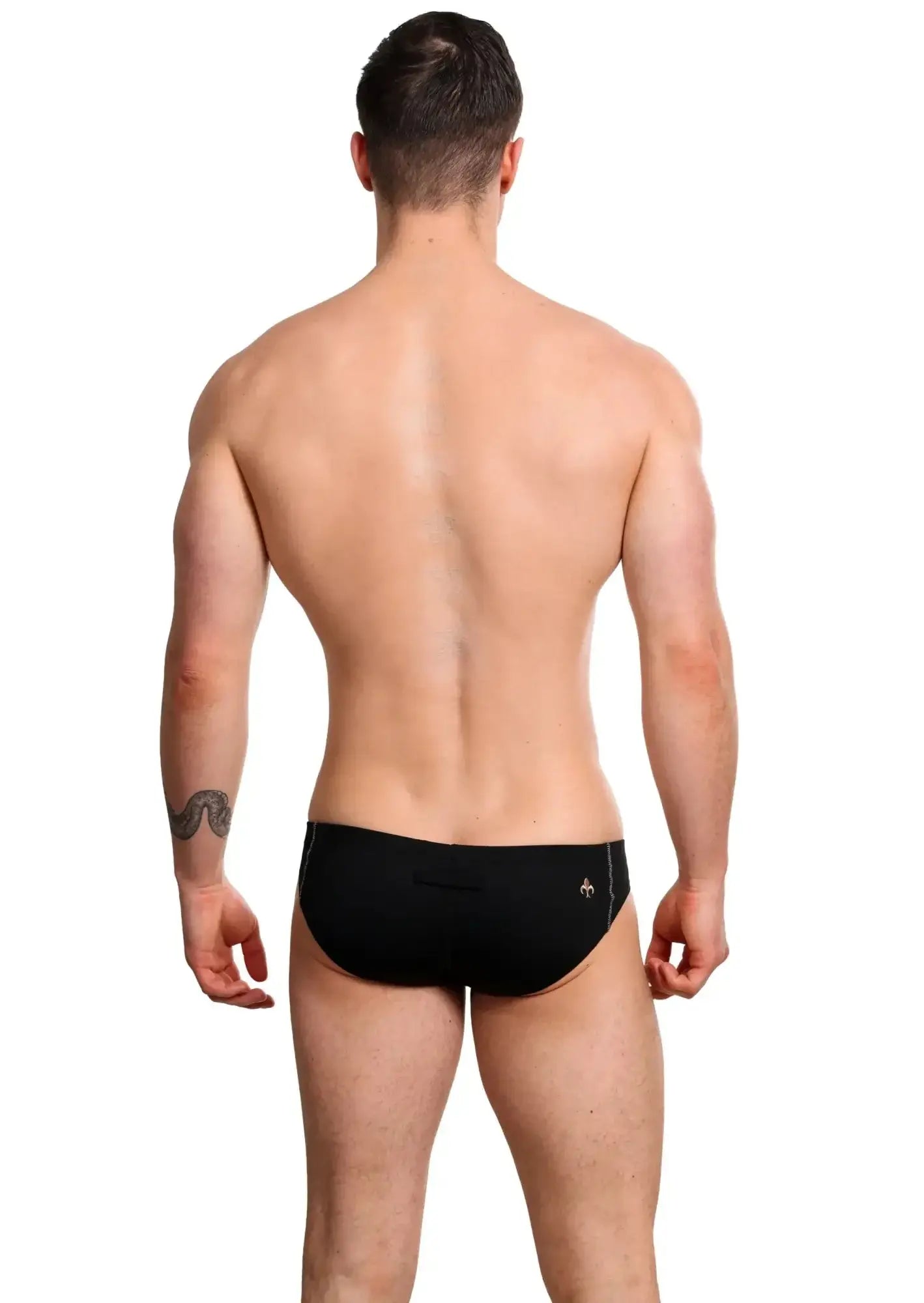Black mens Marcuse Oberon brief underwear in swim trunks style with subtle white logo on the side