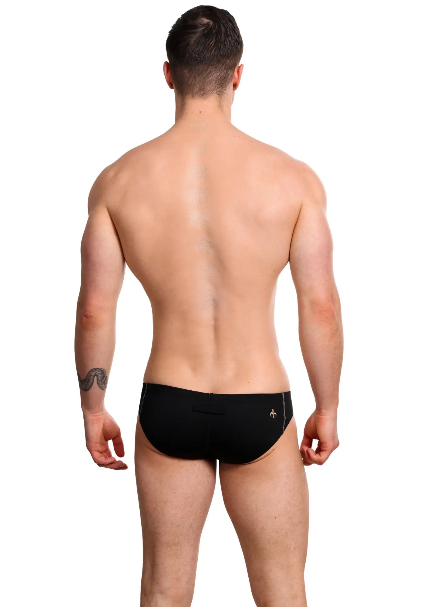 Black mens Marcuse Oberon brief underwear in swim trunks style with subtle white logo on the side