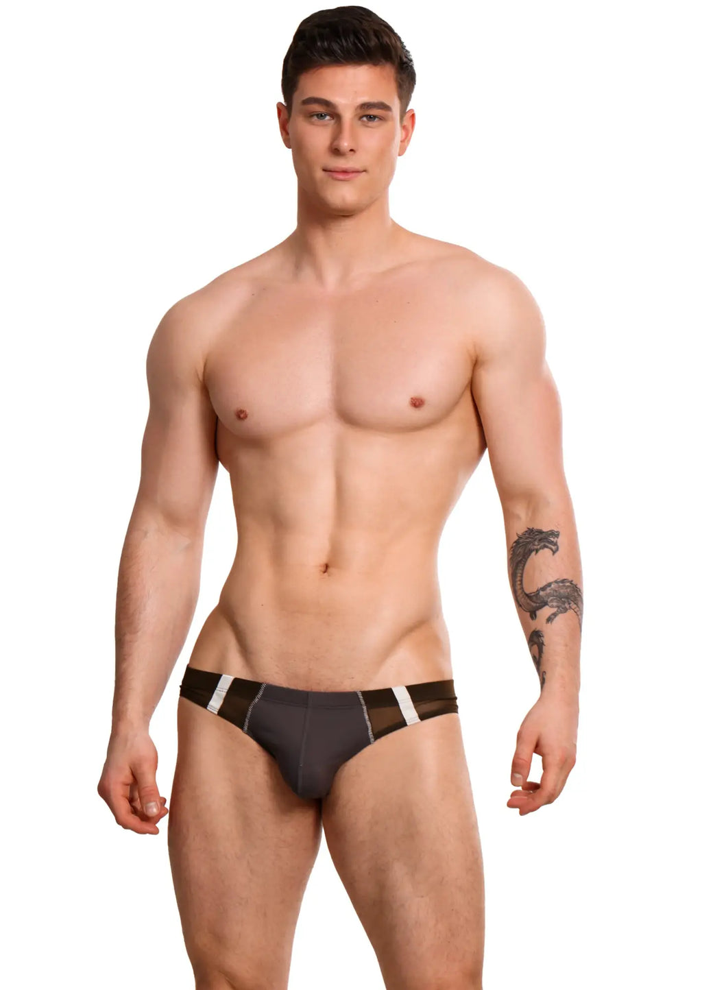 Black marcuse oberon brief underwear with white and gray striped accents made from soft fabric for daily wear