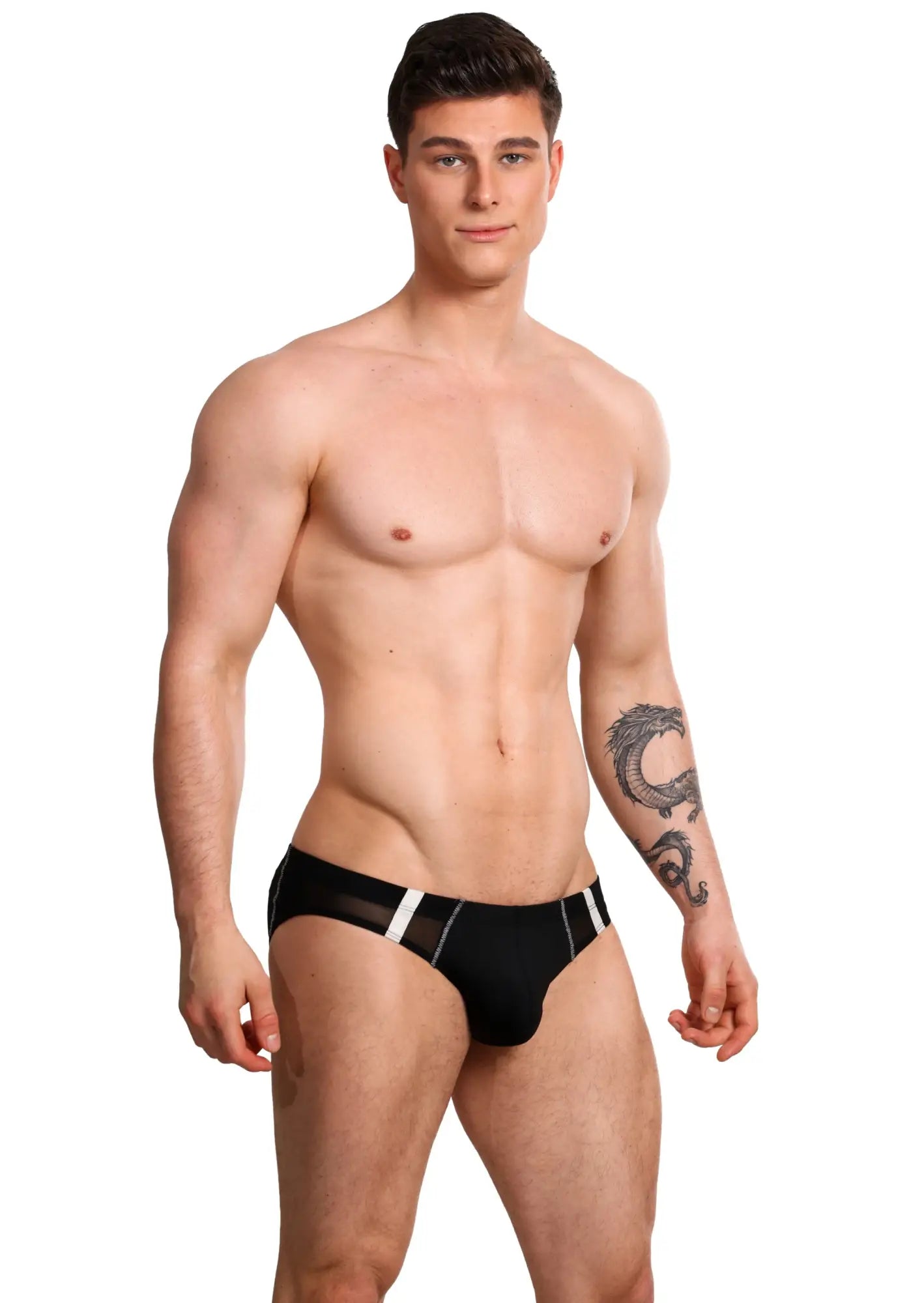 Marcuse Oberon brief underwear in black with white and silver striped accents for stylish men’s comfort