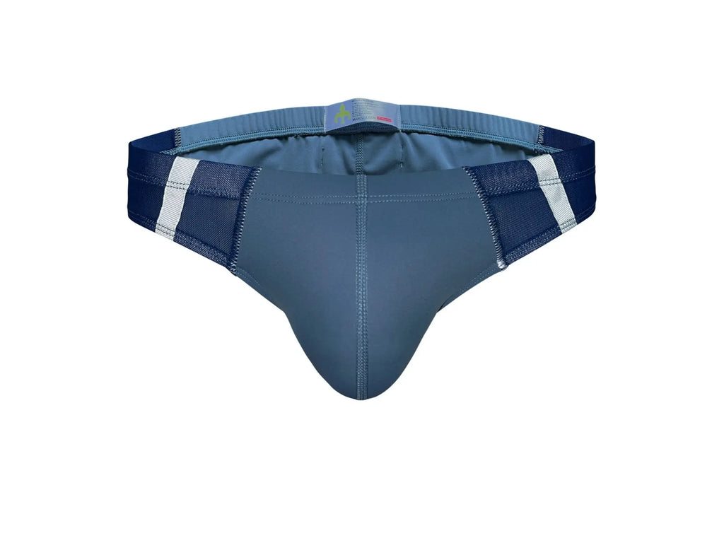 Blue marcuse oberon brief underwear with white stripe accents and breathable mesh panel design