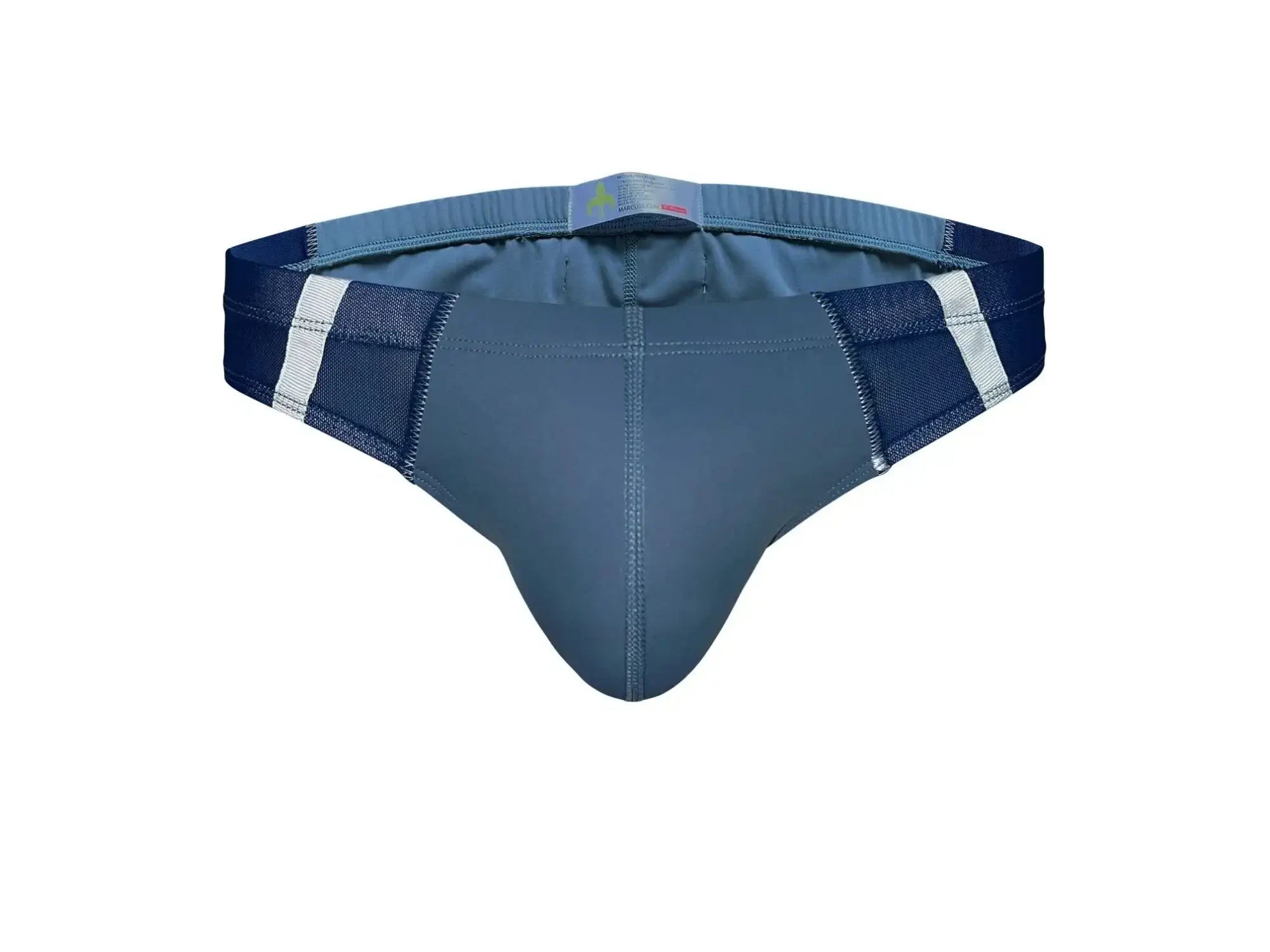 Blue marcuse oberon brief underwear with white stripe accents and breathable mesh panel design