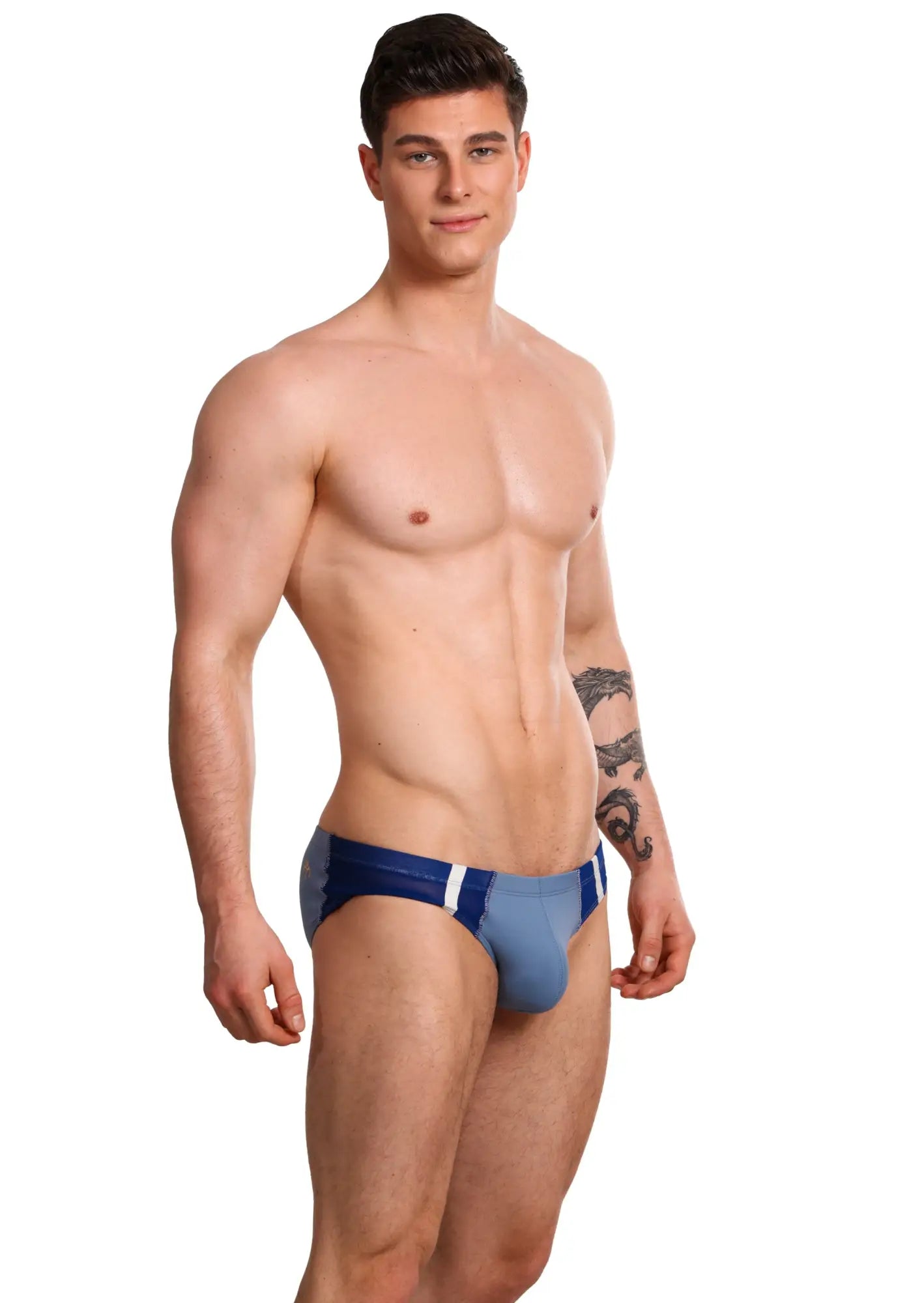 Marcuse Oberon brief underwear in blue and white with contoured design for athletic support and comfort