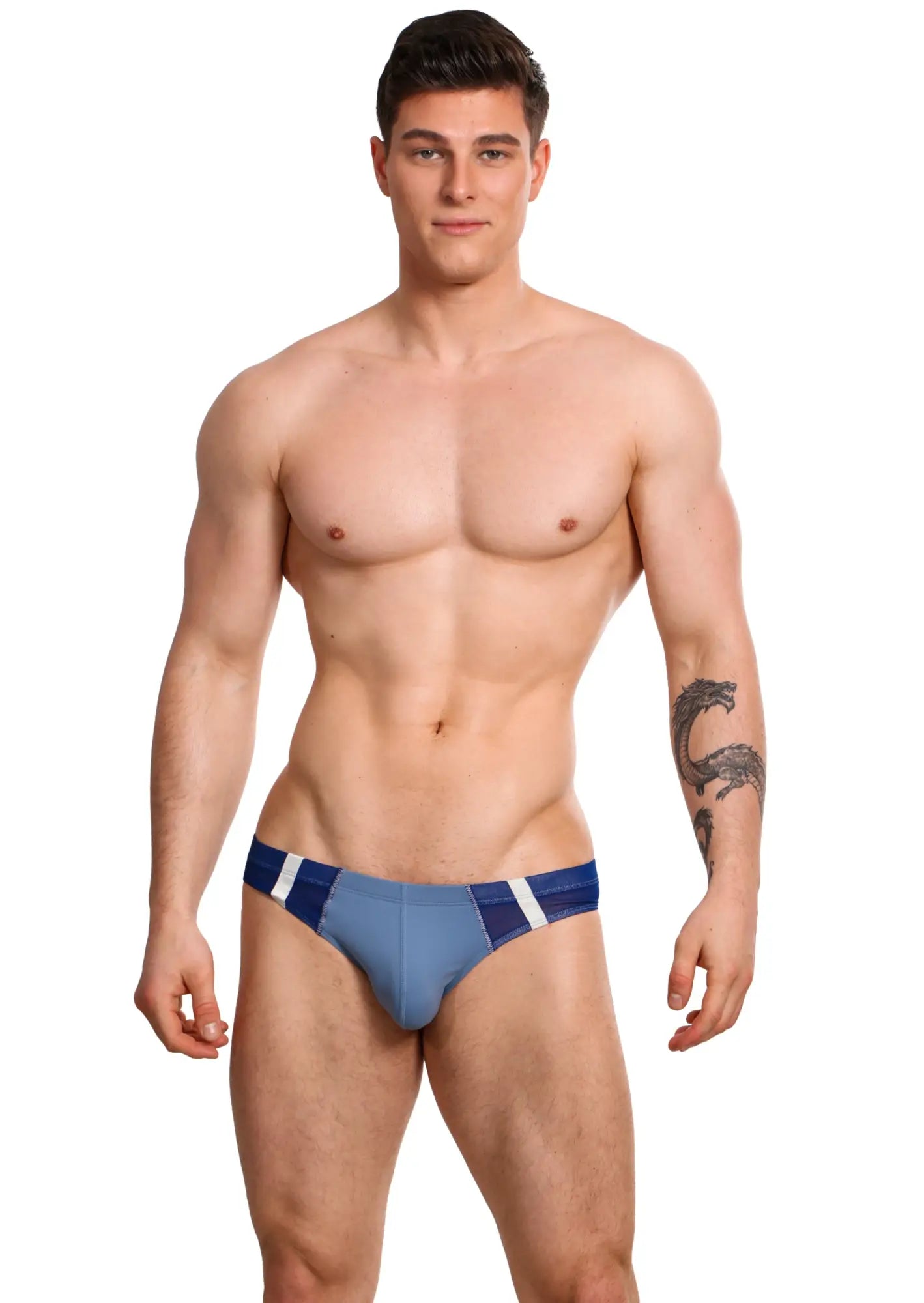 Marcuse Oberon brief underwear in blue and white striped athletic fabric with a contoured design for support