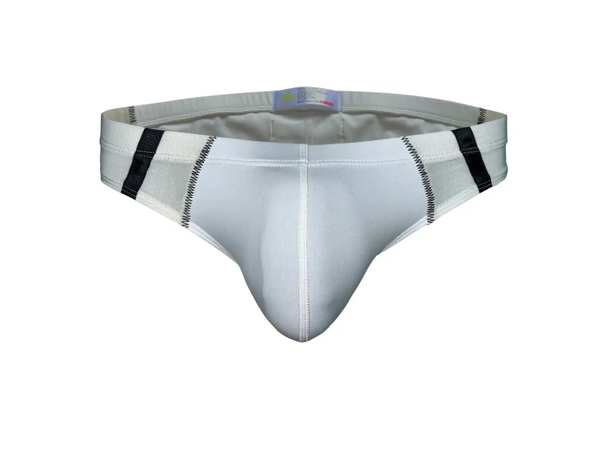 Marcuse Oberon brief underwear in white with black side stripes mesh panel and reinforced stitching along seams