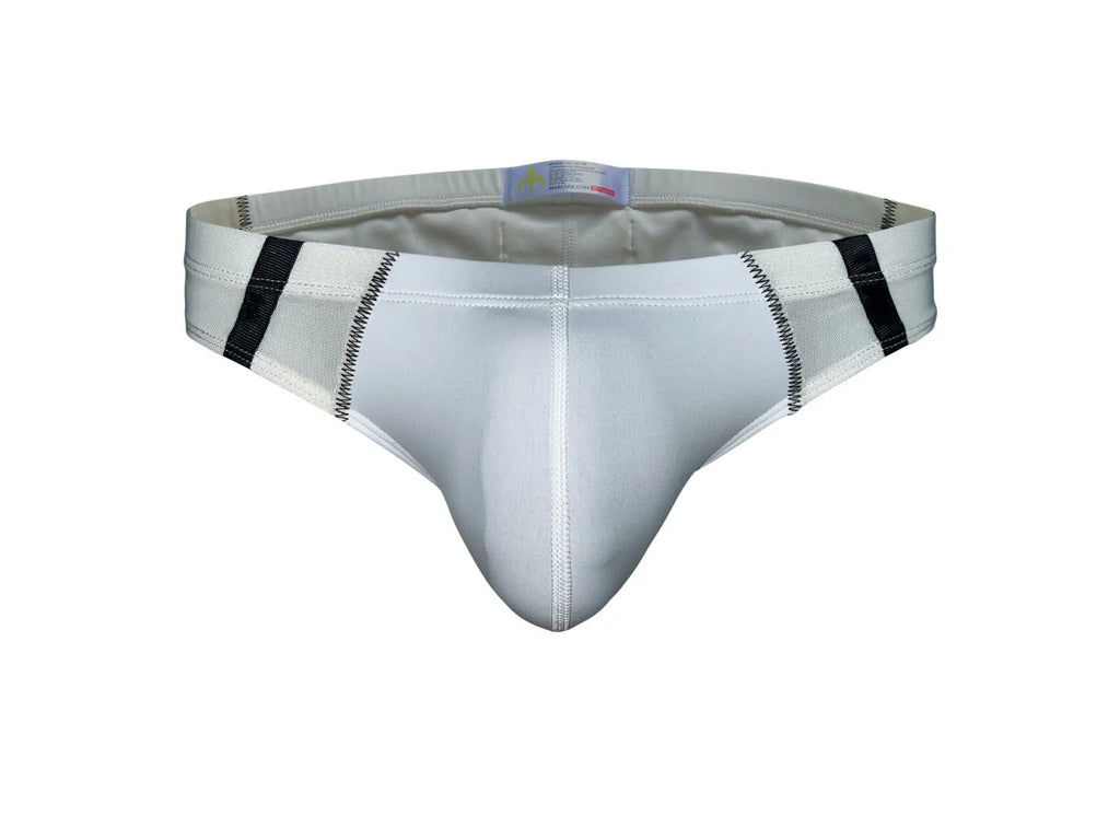 Marcuse Oberon brief underwear in white with black side stripes mesh panel and reinforced stitching along seams